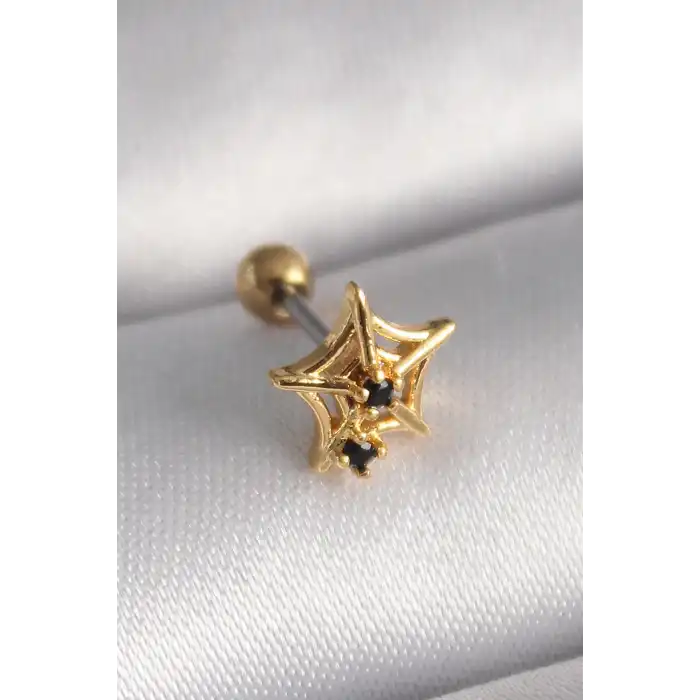 316L Çelik Gold Renk Siyah Zirkon Taş Detay Örümcek Ağ Model Tragus Piercing - TJ-PR1292
