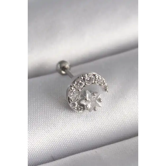 316L Çelik Gümüş Renk Zirkon Taşlı Ay Yıldız Tragus Piercing - TJ-PR1257