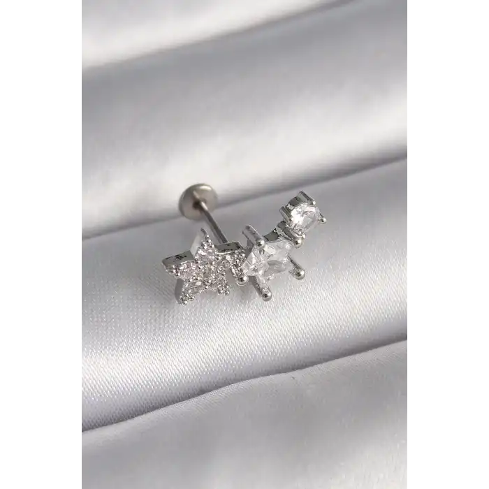 316L Çelik Gümüş Renk Zirkon Taşlı Yıldız Model Tragus Piercing - TJ-PR1339