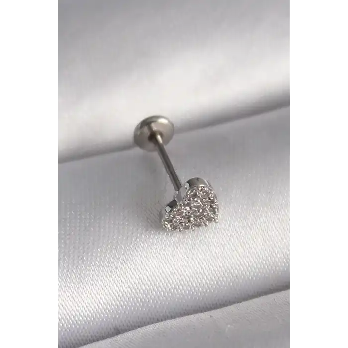 316L Çelik Gümüş Renk Zirkon Taşlı Kalp Model Tragus Piercing - TJ-PR1347