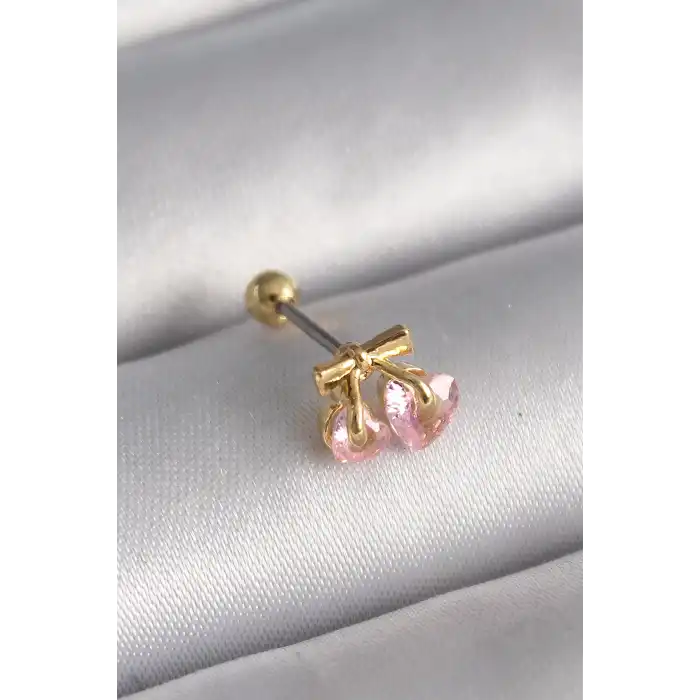 316L Çelik Gold Renk Pembe Zirkon Taşlı Kalp Tragus Piercing - TJ-PR1234