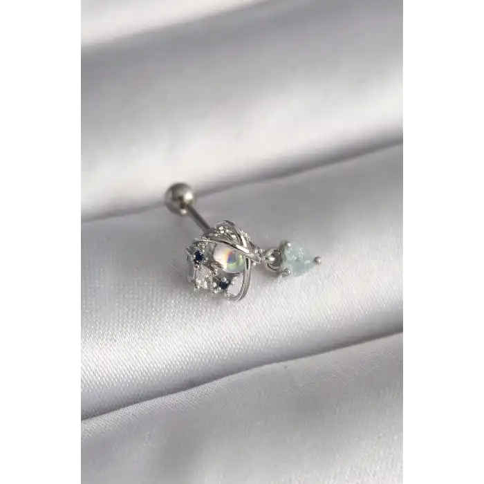 316L Çelik Gümüş Renk Zirkon Taşlı Sallantı Kalp Detay Tragus Piercing - TJ-PR1361