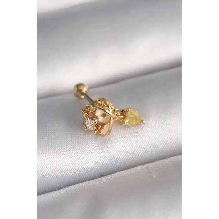 316L Çelik Gold Renk Zirkon Taşlı Sallantı Kalp Detay Tragus Piercing - TJ-PR1360