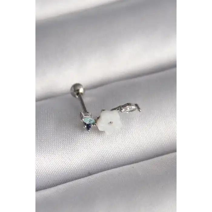 316L Çelik Gümüş Renk Zirkon Taş Detay Beyaz Çiçek Model Tragus Piercing - TJ-PR1357