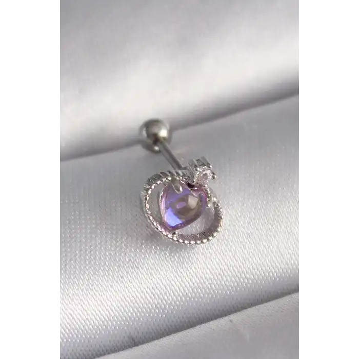 316L Çelik Gümüş Renk Mor Mineli Kalp Zirkon Taş Detay Tragus Piercing - TJ-PR1273