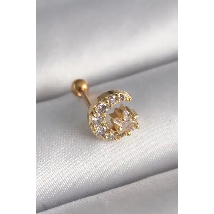 316L Çelik Gold Renk Zirkon Taşlı Ay Yıldız Tragus Piercing - TJ-PR1256