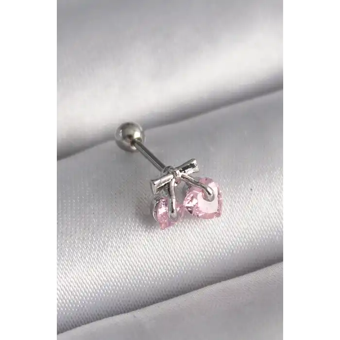 316L Çelik Gümüş Renk Pembe Zirkon Taşlı Kalp Tragus Piercing - TJ-PR1235