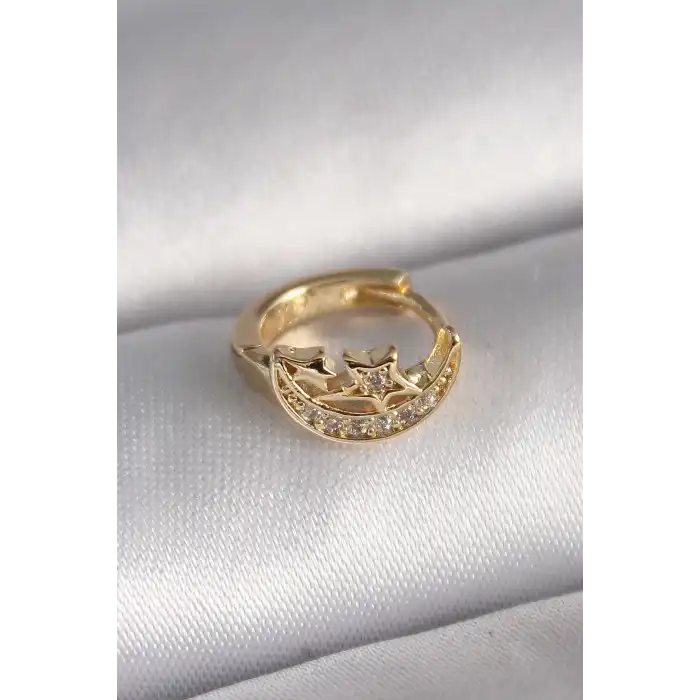 316L Çelik Gold Renk Zirkon Taşlı Ay Yıldız Model Tragus Piercing - TJ-PR1322