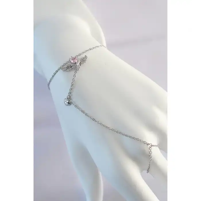 Skygo 316L Çelik Gümüş Renk Pembe Zirkon Taşlı Kanatlı Kalp Model Şahmeran - TJ-SN584