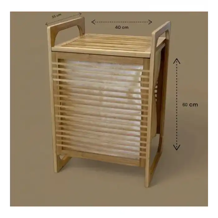 Orta Boy Ahşap Bambu Kirli Sepeti 40x35x60