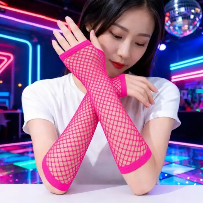 80’ler 90’lar Retro Neon Fuşya Şeker Pembesi File Parmaksız Eldiven 26 Cm