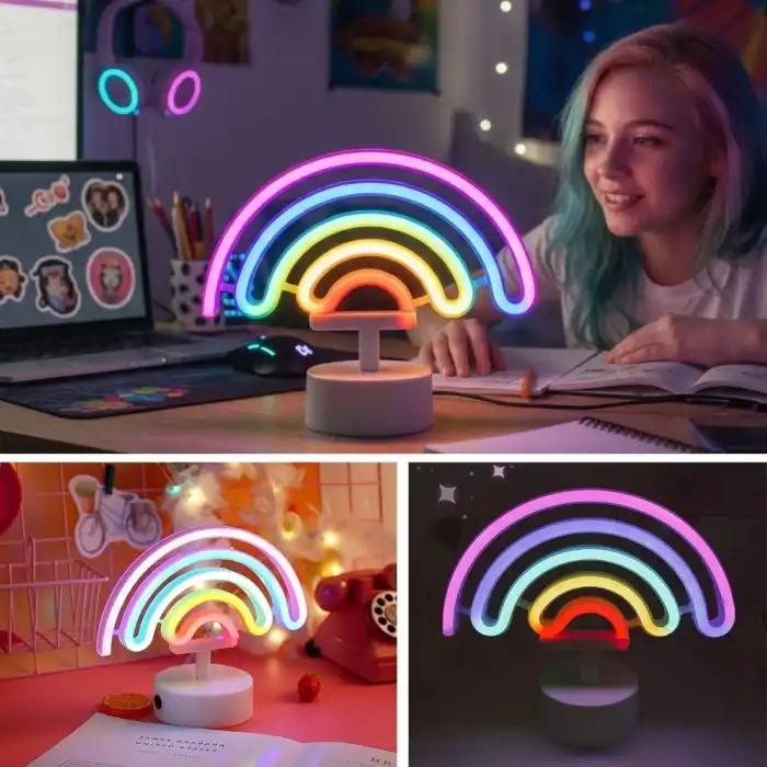 Plastik Gökkuşağı Neon LED Işık – Dekoratif Renkli Masaüstü ve Ambiyans Aydınlatması