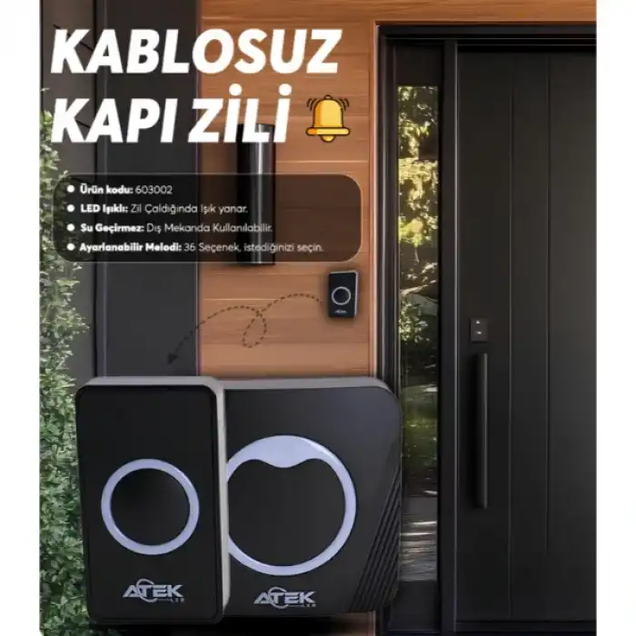 Siyah Kablosuz Su Geçirmez Kapı Zili