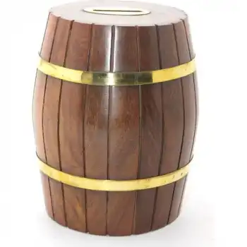 Pirinç Ahşap Fıçı Kumbara 15 cm WB538