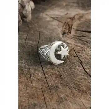 Karce Antik Gümüş Renk Ay Yıldız Model Ayarlanabilir Erkek Yüzük