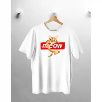 Plaza Group Meow Kedi Basılı Beyaz Oversize Tshirt