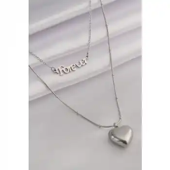 Colezium CLZ741 -  316L Çelik Gümüş Renk 'forever' Yazılı 3D Kalp Model Kadın Kolye
