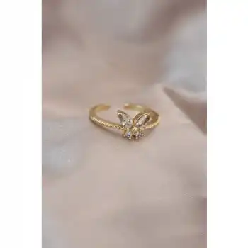 Karce CLZ943  Ayarlamalı Altın Renk Metal Zirkon Taş ve Kristal Taşlı Kelebek Model Yüzük