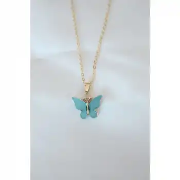 Karce CLZ943  Gold Kaplama Turkuaz Renk Sedefli Kelebek Kolye