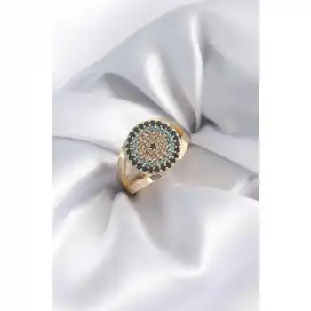 Karce Gold Renk Zirkon Taşlı Nazar Boncuk Model Kadın Yüzük