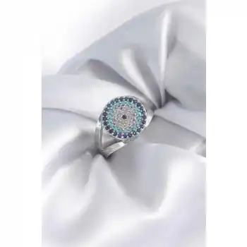 Colezium CLZ943  Gümüş Renk Zirkon Taşlı Nazar Boncuk Model Kadın Yüzük