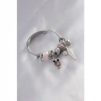 Colezium CLZ943  Çelik Charm Model Pembe Baykuş Figür Yaprak Detay Zirkon Taşlı Kadın Bileklik