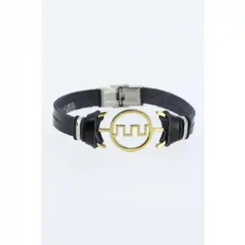 Karce CLZ741 -  Gold Renk Labirent Figürlü Metal Aksesuarlı Siyah Renk Deri Erkek Bileklik