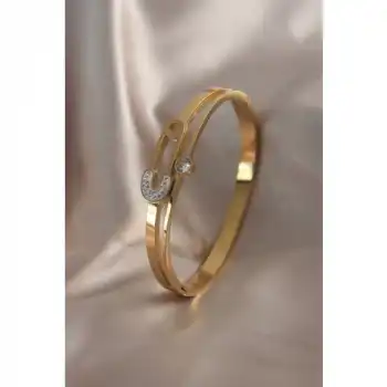 Colezium CLZ943  316L Çelik Gold Renk Çengel Iğne Model Zirkon Taşlı Kadın Kelepçe