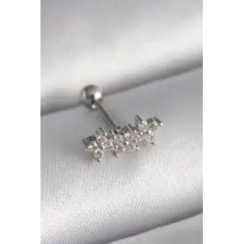 316L Çelik Gümüş Renk Zirkon Taşlı Yonca Tragus Piercing - TJ-PR1255