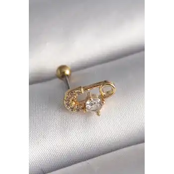 316L Çelik Gold Renk Zirkon Taşlı Toplu İğne Tragus Piercing - TJ-PR1274