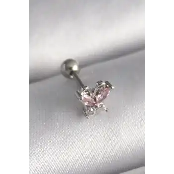 316L Çelik Gümüş Renk Pembe Zirkon Taşlı Kelebek Tragus Piercing - TJ-PR1241