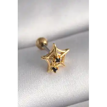 316L Çelik Gold Renk Siyah Zirkon Taş Detay Örümcek Ağ Model Tragus Piercing - TJ-PR1292