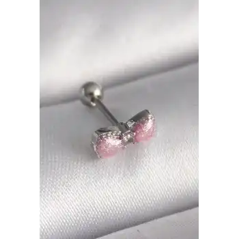 316L Çelik Gümüş Renk Pembe Kurdele Zirkon Taş Detay Tragus Piercing - TJ-PR1295