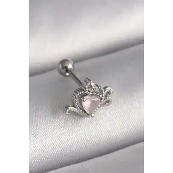 316L Çelik Gümüş Renk Pembe Mineli Kalp Zirkon Taş Detay Tragus Piercing - TJ-PR1261