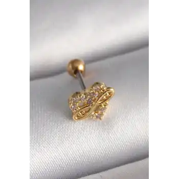 316L Çelik Gold Renk Zirkon Taşlı Kalp Sonsuzluk Detay Tragus Piercing - TJ-PR1248