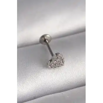 316L Çelik Gümüş Renk Zirkon Taşlı Kalp Model Tragus Piercing - TJ-PR1347