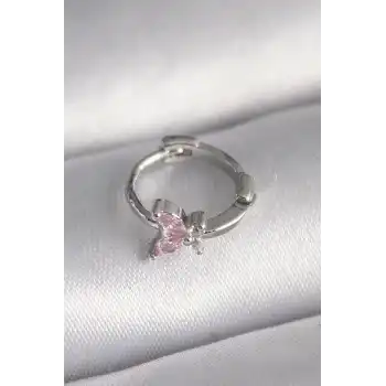 316L Çelik Gümüş Renk Pembe Zirkon Taşlı Kelebek Model Tragus Piercing - TJ-PR1331