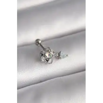 316L Çelik Gümüş Renk Zirkon Taşlı Sallantı Kalp Detay Tragus Piercing - TJ-PR1361