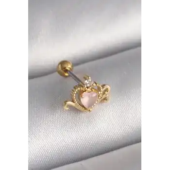 316L Çelik Gold Renk Pembe Mineli Kalp Zirkon Taş Detay Tragus Piercing - TJ-PR1260
