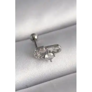 316L Çelik Gümüş Renk Zirkon Taşlı Toplu İğne Tragus Piercing - TJ-PR1275