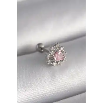 316L Çelik Gümüş Renk Zirkon Taşlı Kalp Tragus Piercing - TJ-PR1231
