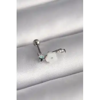 316L Çelik Gümüş Renk Zirkon Taş Detay Beyaz Çiçek Model Tragus Piercing - TJ-PR1357