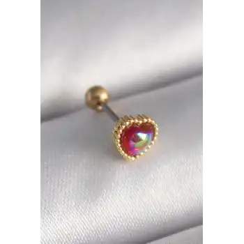 316L Çelik Gold Renk Kırmızı Mineli Kalp Tragus Piercing - TJ-PR1266
