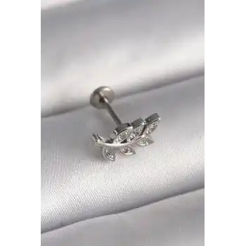 316L Çelik Gümüş Renk Dal Model Zirkon Taş Detaylı Tragus Piercing - TJ-PR1343