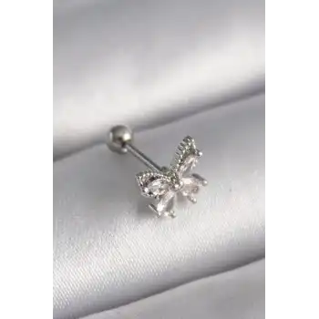 316L Çelik Gümüş Renk Zirkon Taşlı Kelebek Tragus Piercing - TJ-PR1233