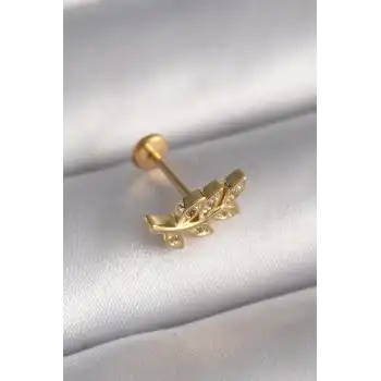 316L Çelik Gold Renk Zirkon Taş Detaylı Yaprak Model Tragus Piercing - TJ-PR1342