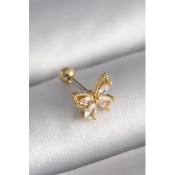 316L Çelik Gold Renk Zirkon Taşlı Kelebek Tragus Piercing - TJ-PR1232