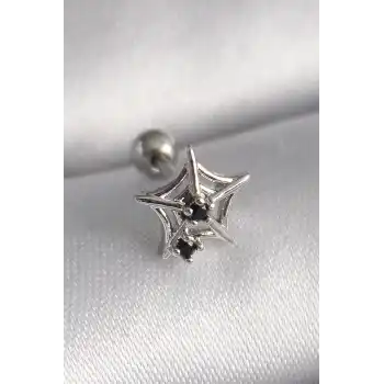 316L Çelik Gümüş Renk Siyah Zirkon Taş Detay Örümcek Ağ Model Tragus Piercing - TJ-PR1293