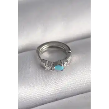 316L Çelik Gümüş Renk Zirkon Taşlı Mavi Boncuk Detay Tragus Piercing - TJ-PR1325