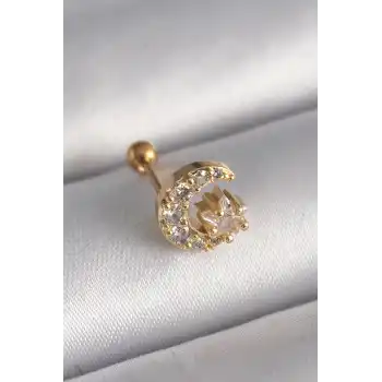 316L Çelik Gold Renk Zirkon Taşlı Ay Yıldız Tragus Piercing - TJ-PR1256